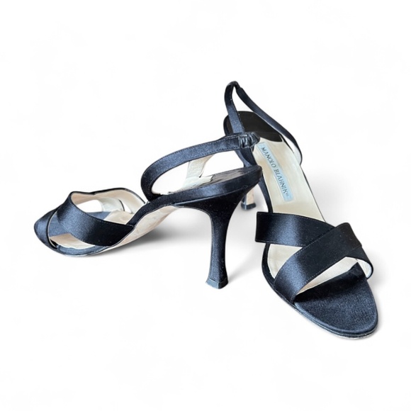 Manolo Blahnik Satin black criss-cross sandal Sz 37 - Picture 1 of 9